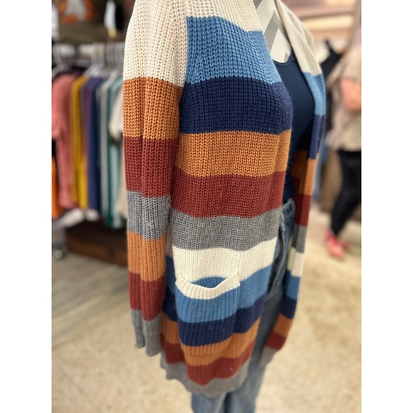 Striped Knit‎ Cardigan Sweater Open Front Pockets Cozy Colorful, Size M - Picture 2 of 5